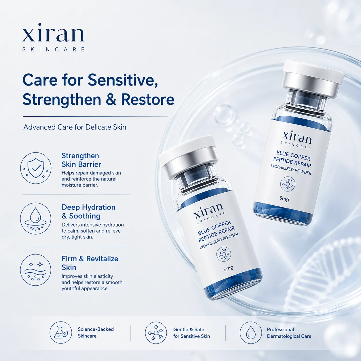 Xiran Blue Copper Peptide Repair lyophilized powder bottles on a clean surface with text highlighting benefits such as strengthening skin barrier and hydration.